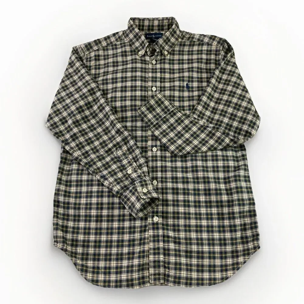 Ralph Lauren Boys L Shirt Green Blue Plaid Button Down Oxford Long Sleeve Prep